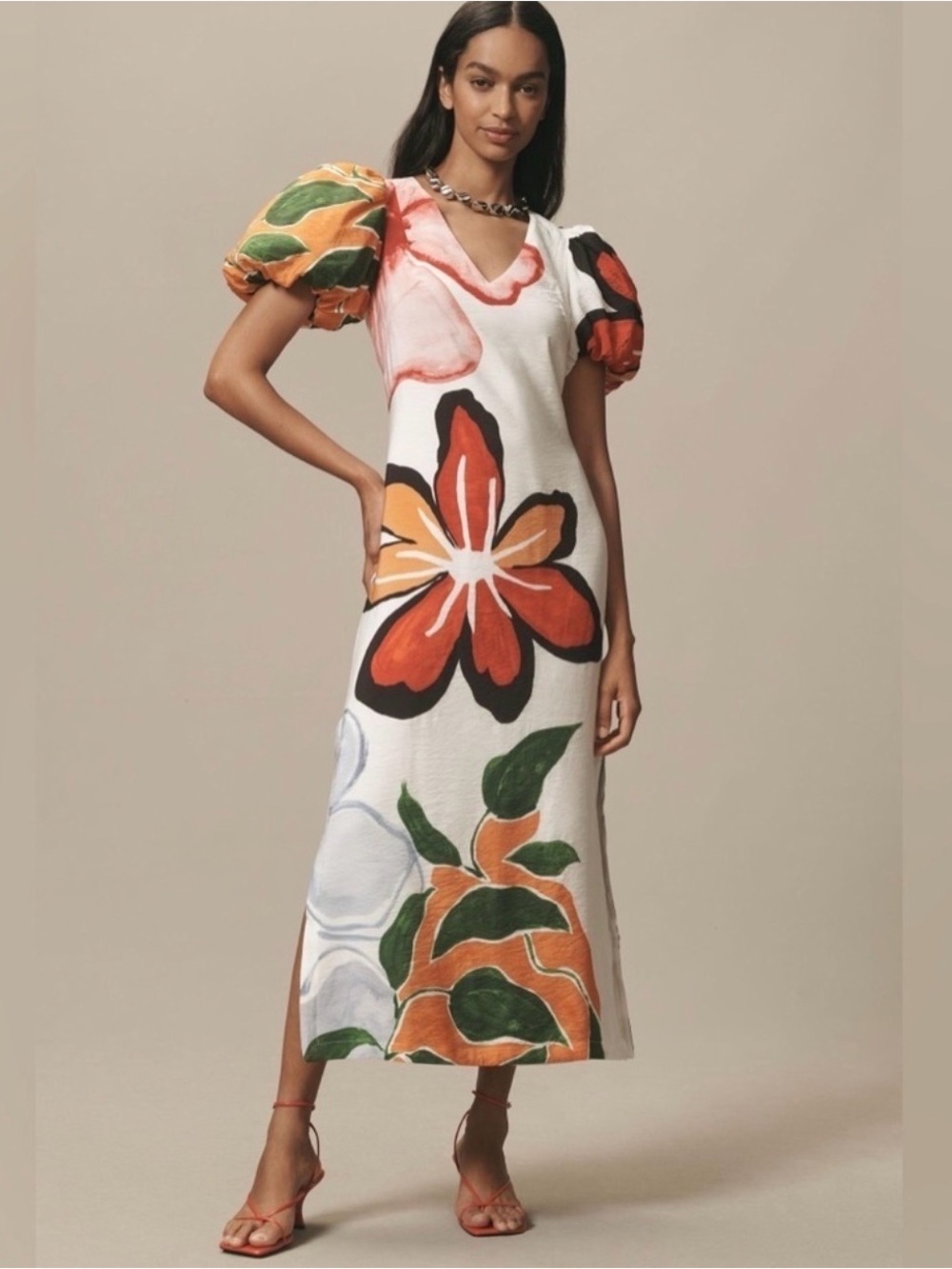 Anthropologie White Maxi Dress with Orange Floral Motif Size XS like new!